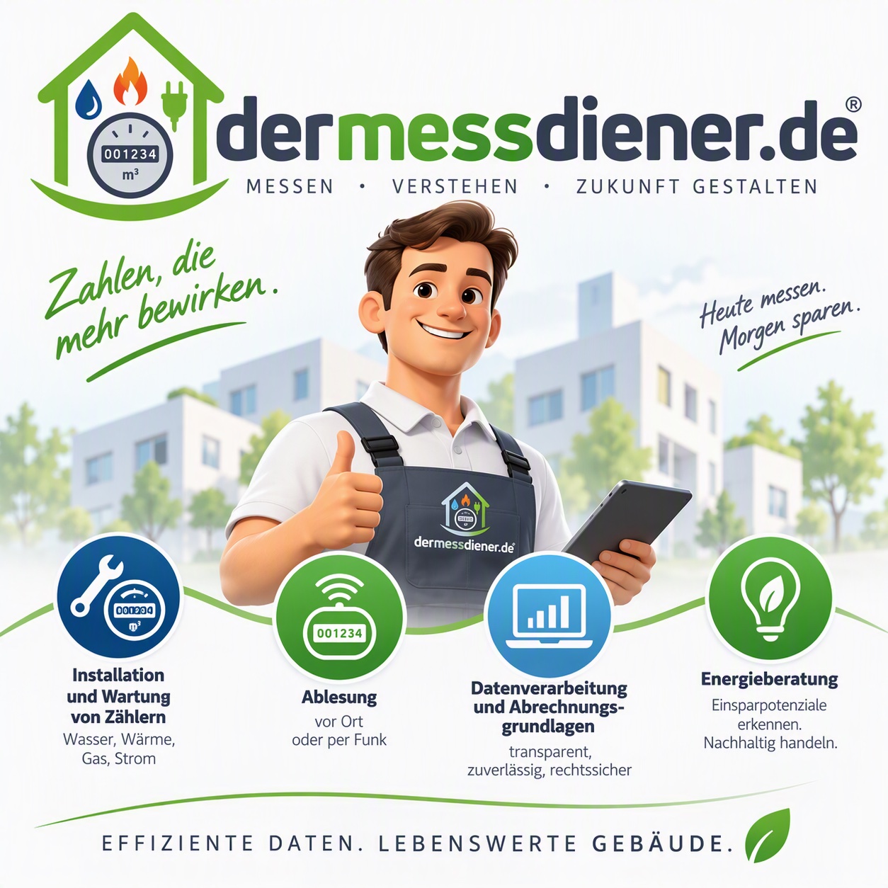 dermessdiener.de – Messen, verstehen, Zukunft gestalten. Installation und Wartung von Zählern (Wasser, Wärme, Gas, Strom), Ablesung vor Ort oder per Funk, Datenverarbeitung und Abrechnungsgrundlagen, Energieberatung.